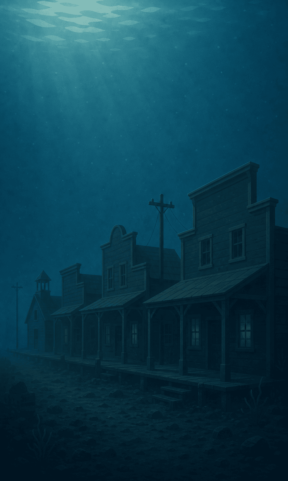 The drowned town of Old Dillon resting on the lakebed — weathered Main Street storefronts under deep blue water, light filtering down from the surface.