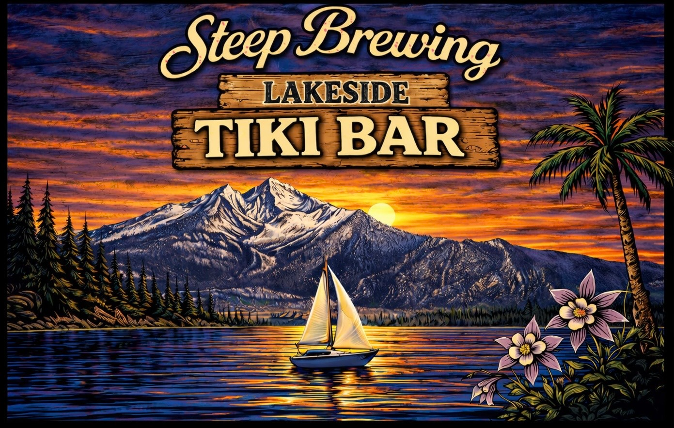 Steep Brewing Lakeside Tiki Bar — illustrated mountain lake at sunset with sailboat and palm tree